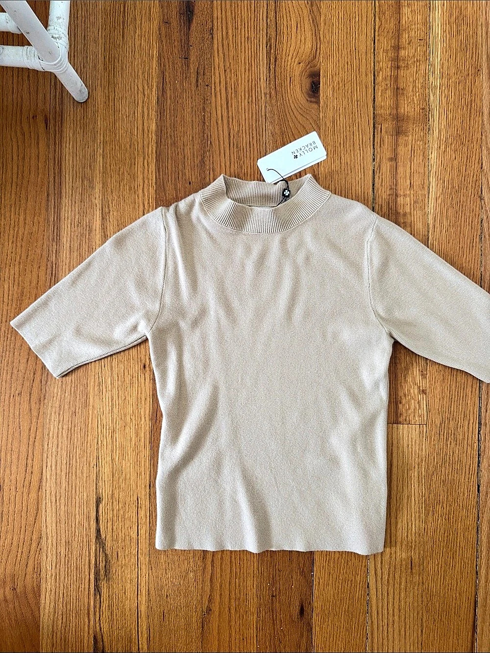 Molly Bracken Mock Neck Short Sleeve Top Beige Medium NWT